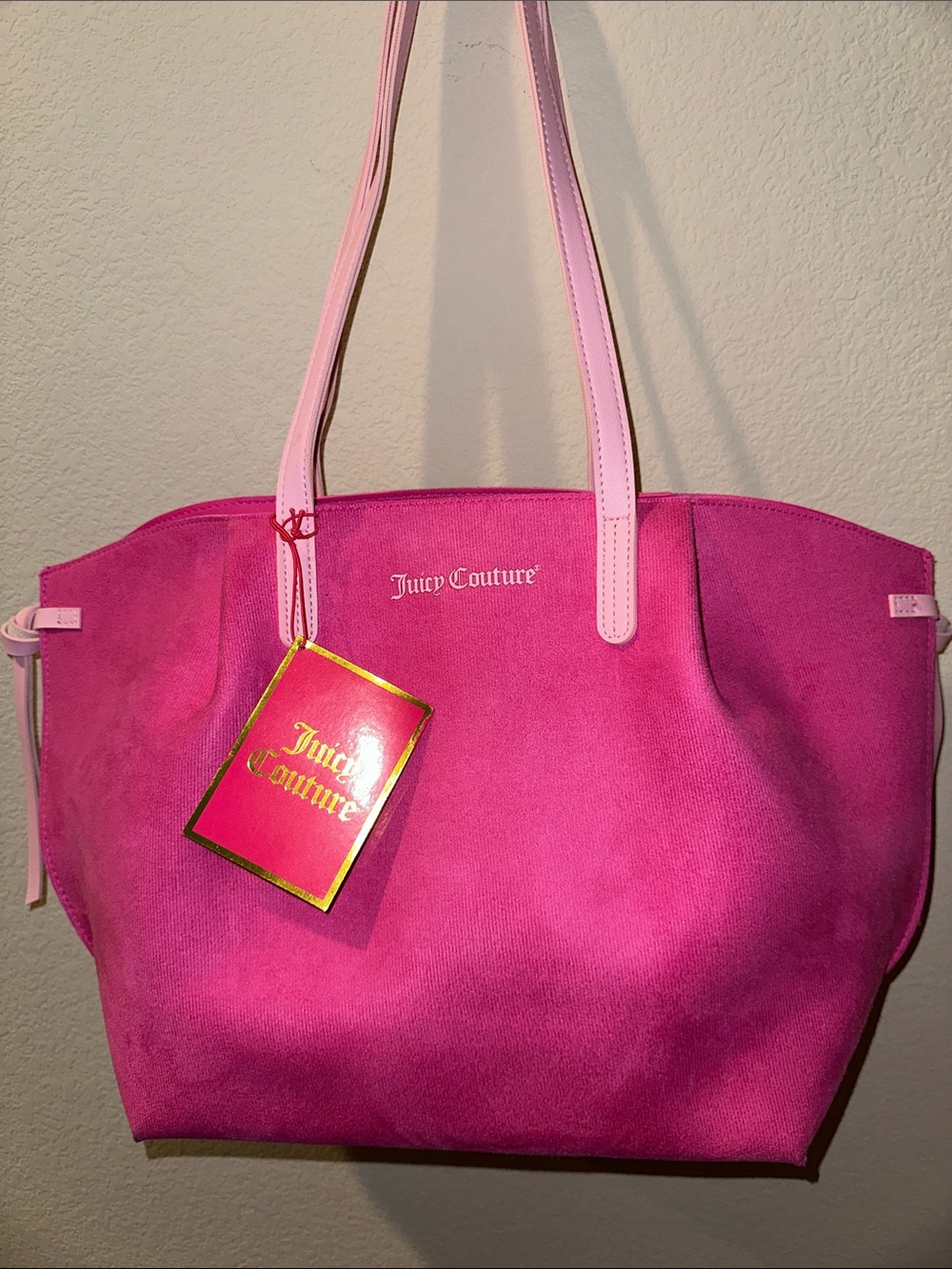 Juicy Couture Vibrant Pink Suede Tote with Pale Pink Straps